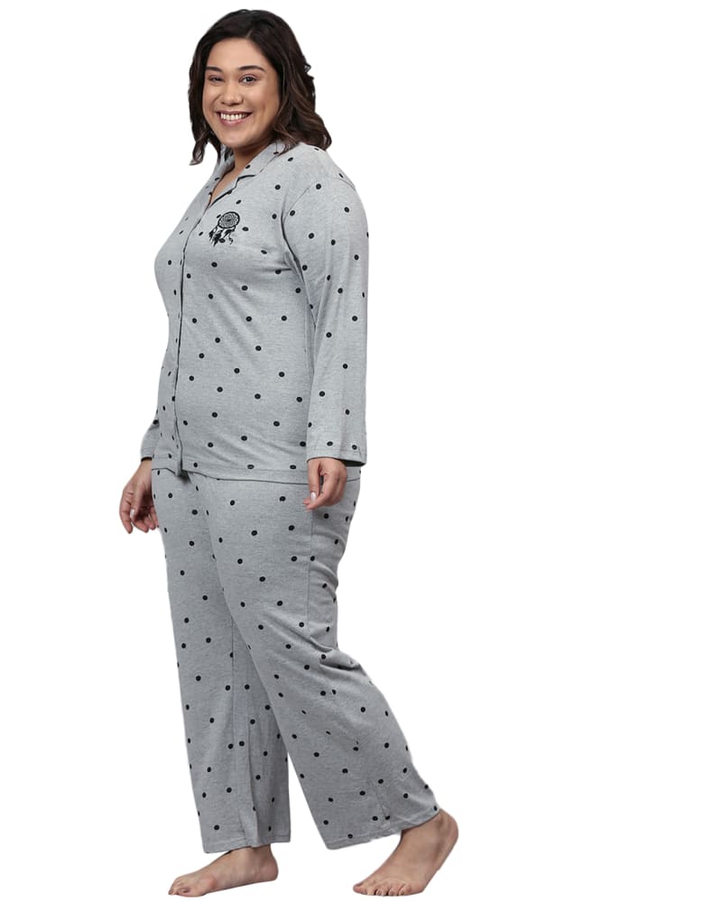 Front of a model wearing a size 6XL Polka Dots Nightsuit in Light Grey by Instafab Plus. | dia_product_style_image_id:258342